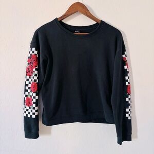 Art‎ Class Black Long Sleeve Top with Red Floral Checkered Sleeves Size 14 / 16